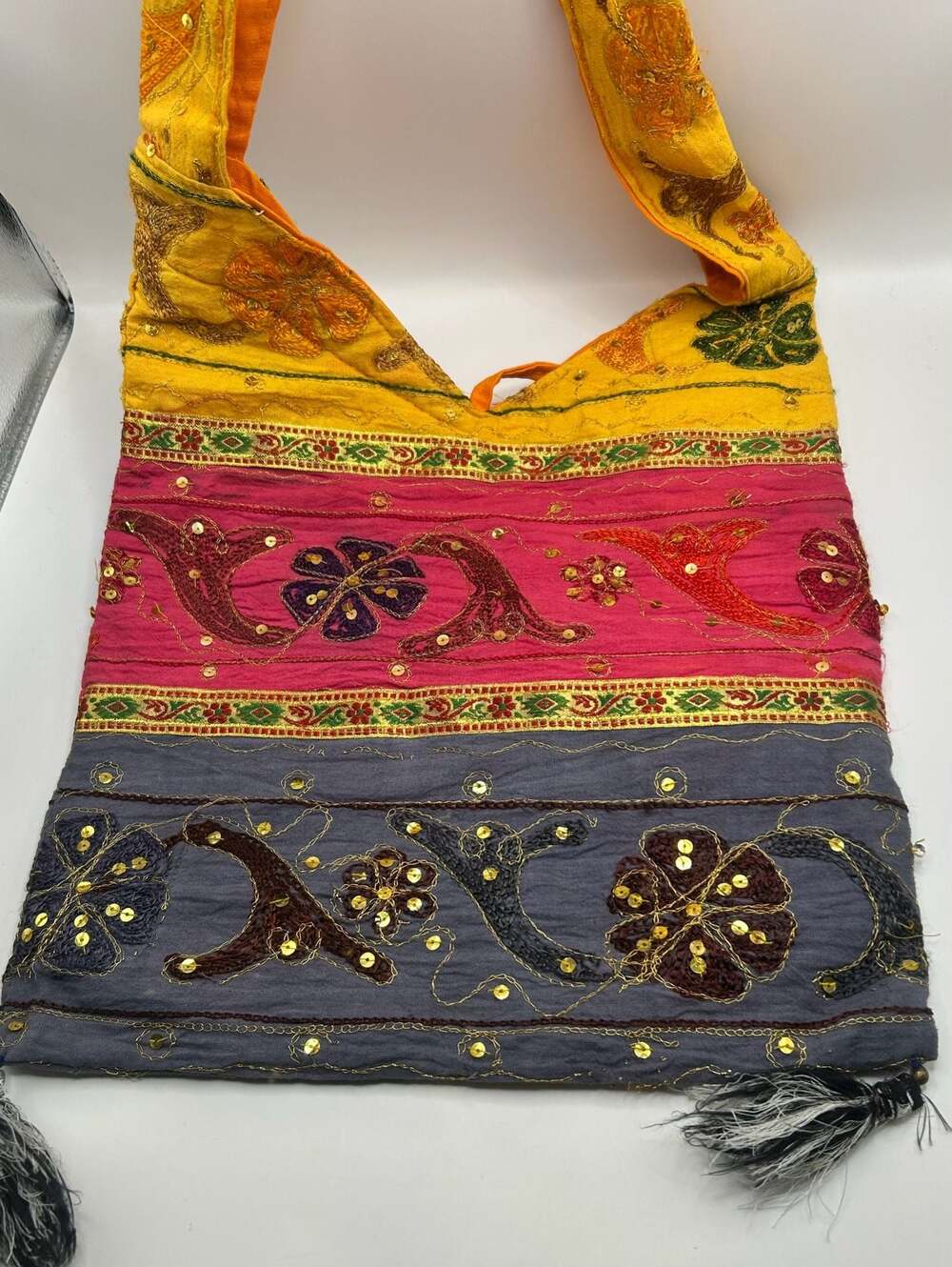 Boho Embroidered Sequin Shoulder Bag Colorful Hippie Tote with Tassels - Picture 2 of 7